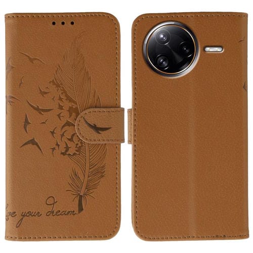 Funda de cuero con textura de lichi y estampado de plumas para Xiaomi Poco F7 Ultra / Redmi K80 Pro (marrón)