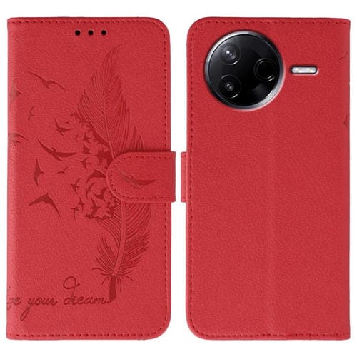 Funda de cuero con textura de lichi y estampado de plumas para Xiaomi Poco F7 Pro y Redmi K80 (roja)