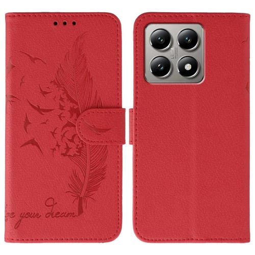 Funda de cuero con textura de lichi y estampado de plumas para Xiaomi 14T Pro (roja)