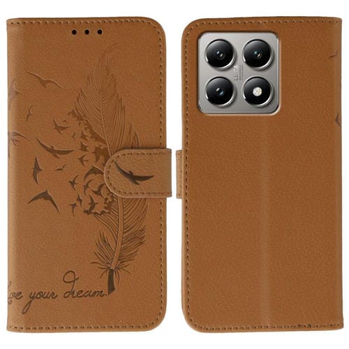 Funda de cuero con textura de lichi y estampado de plumas para Xiaomi 14T Pro (marrón)