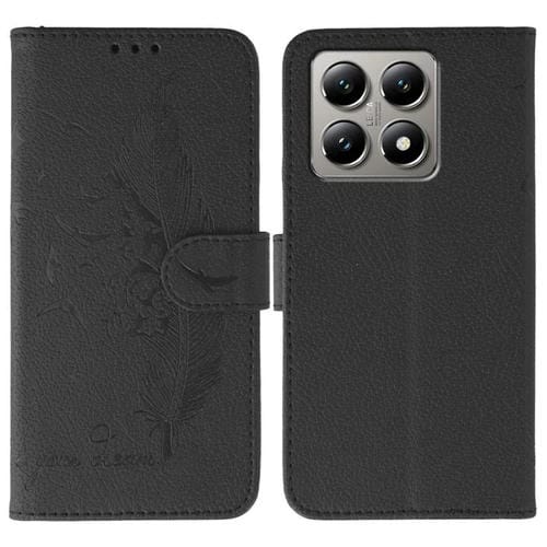 Funda de cuero con textura de lichi y estampado de plumas para Xiaomi 14T (negra)