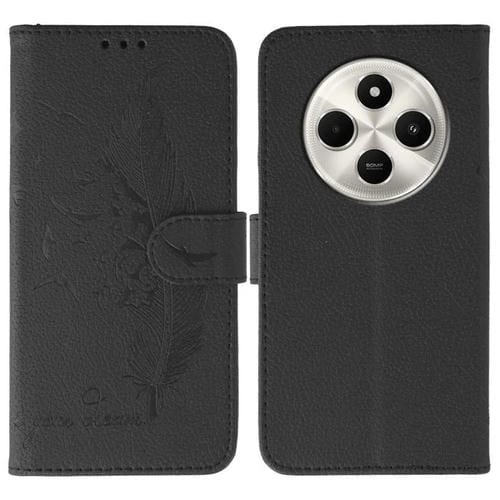 Funda de cuero con textura de lichi y estampado de plumas para Xiaomi Poco C75 4G (negro)