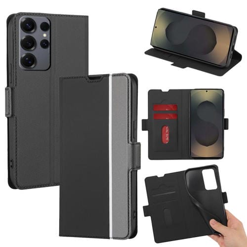 Funda de cuero con textura de sarga y botones laterales para Samsung Galaxy S25 Ultra 5G (negra)
