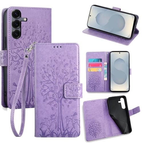 Funda de piel con relieve de árbol y ciervo para Samsung Galaxy S25 5G (morada)