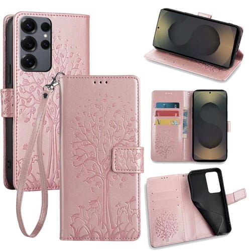 Funda de piel con relieve de árbol y ciervo para Samsung Galaxy S25 Ultra 5G (oro rosa)