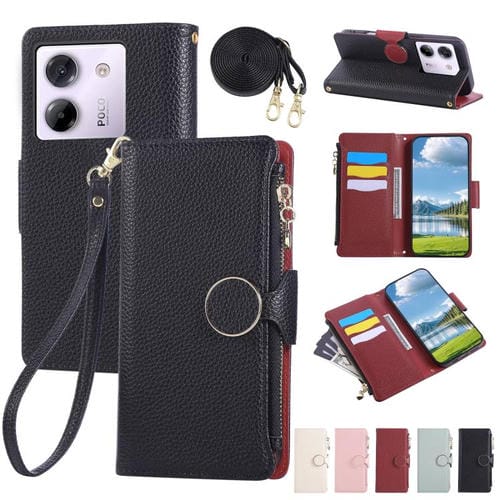 Funda de cuero con hebilla redonda y cremallera para Xiaomi Poco M7 Pro 5G, con correa cruzada (negro)