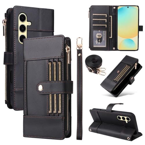 Funda de cuero tipo cartera con cremallera y bloqueo RFID para Samsung Galaxy S24+/S25+ 5G (negra)
