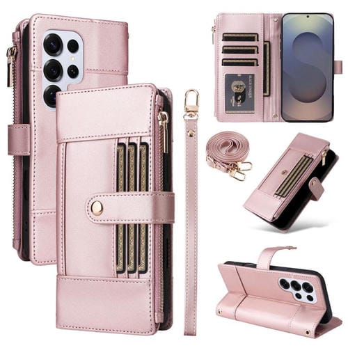Funda de cuero tipo cartera con cremallera y bloqueo RFID para Samsung Galaxy S25 Ultra 5G (oro rosa)