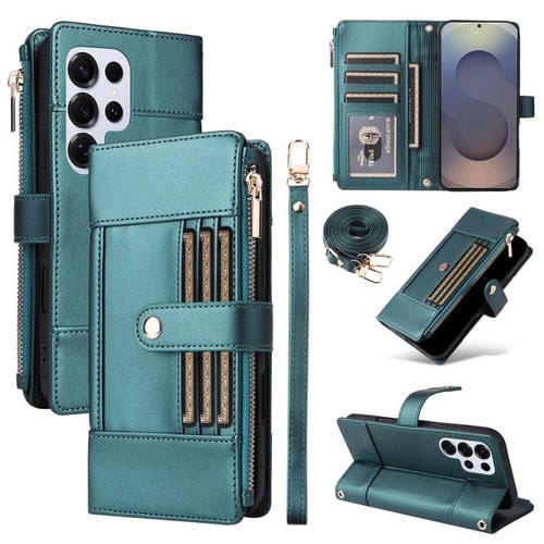 Funda de cuero tipo cartera con cremallera y bloqueo RFID para Samsung Galaxy S25 Ultra 5G (verde)