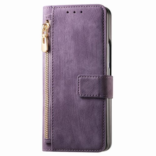 Funda de cuero con cremallera magnética MagSafe retro para Samsung Galaxy Z Fold 7 5G (morado)
