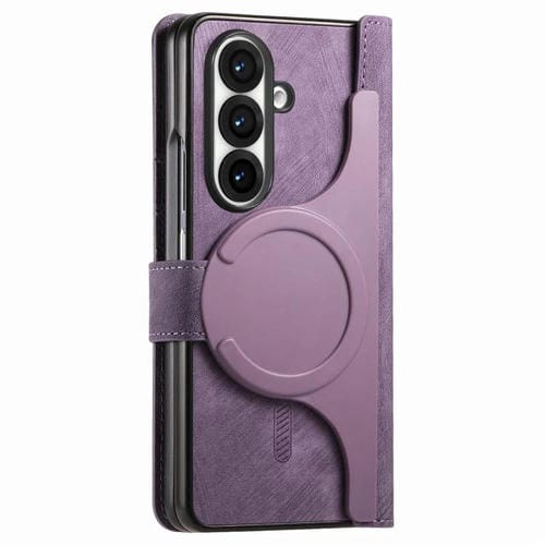 Funda de cuero con cremallera magnética MagSafe retro para Samsung Galaxy Z Fold 7 5G (morado)