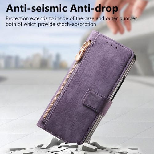Funda de cuero con cremallera magnética MagSafe retro para Samsung Galaxy Z Fold 7 5G (morado)