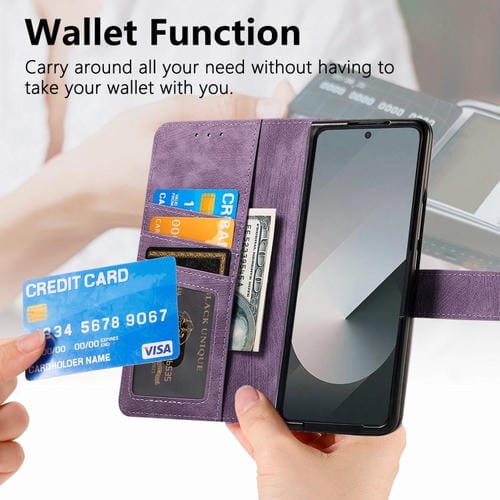 Funda de cuero con cremallera magnética MagSafe retro para Samsung Galaxy Z Fold 7 5G (morado)