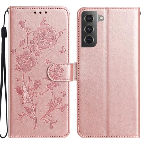 Funda de cuero con estampado floral en relieve para Samsung Galaxy S22+ 5G (oro rosa)