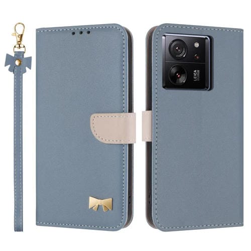 Funda de cuero con lazo metálico y correa de mano para Xiaomi 13T/13T Pro (azul claro)