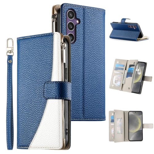 Funda de cuero con cremallera para Samsung Galaxy S24 5G/S25 5G, con costuras, para mĂșltiples tarjetas y correa corta (azul oscuro)