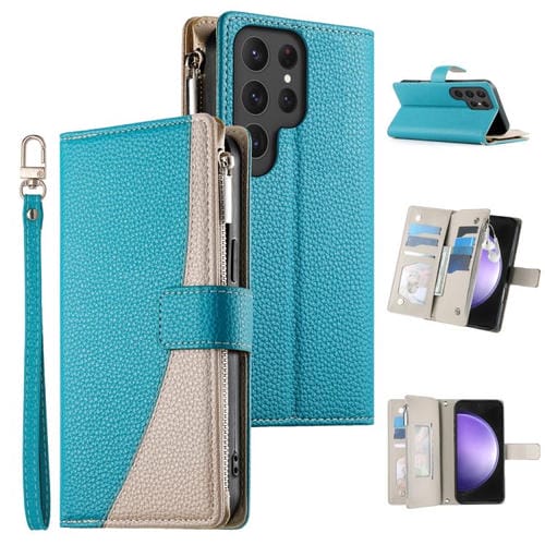 Funda de cuero tipo billetera con cremallera y mĂșltiples tarjetas para Samsung Galaxy S23 Ultra 5G, con costuras y correa corta (azul)