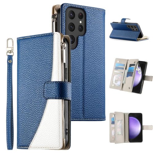 Funda de cuero con cremallera para Samsung Galaxy S23 Ultra 5G, con costuras, para múltiples tarjetas y correa corta (azul oscuro)