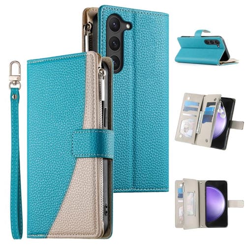 Funda de cuero tipo billetera con cremallera y múltiples tarjetas para Samsung Galaxy S23 5G, con costuras y correa corta (azul)