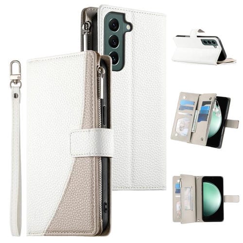 Funda de cuero tipo billetera con cremallera y múltiples tarjetas para Samsung Galaxy S22 5G con costuras y correa corta (blanca)
