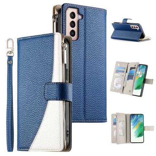 Funda de cuero con cremallera para Samsung Galaxy S21+ 5G, con costuras, para mĂșltiples tarjetas y correa corta (azul oscuro)