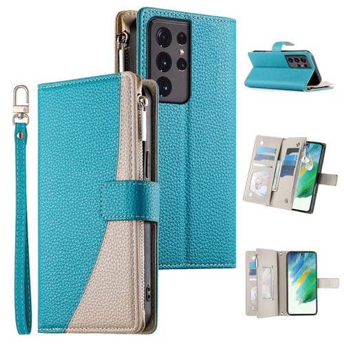 Funda de cuero tipo billetera con cremallera y múltiples tarjetas para Samsung Galaxy S21 Ultra 5G con costuras y correa corta (azul)