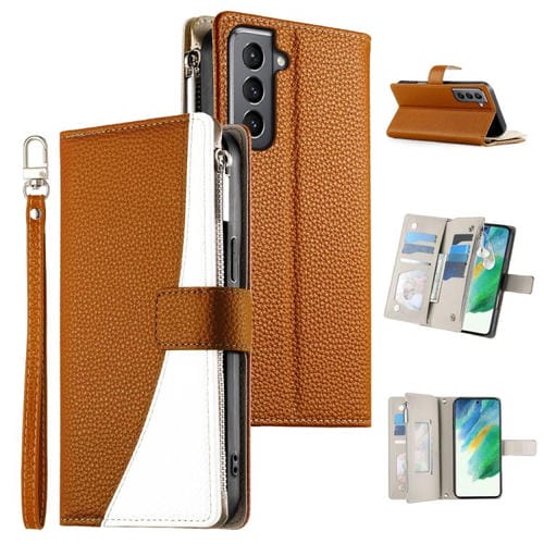 Funda de cuero con cremallera para Samsung Galaxy S21 5G, con costuras, para mĂșltiples tarjetas y correa corta (marrĂłn)