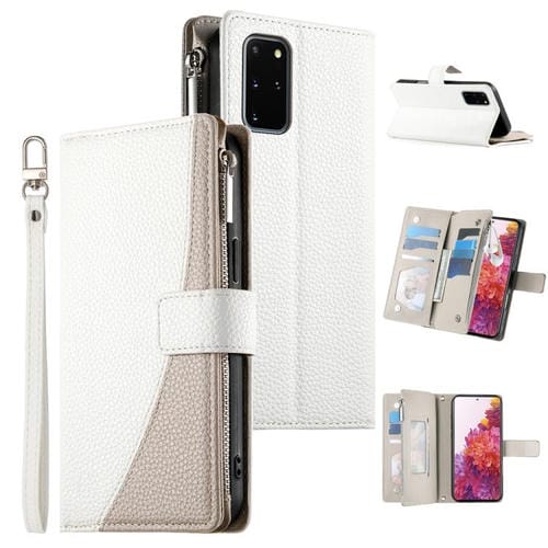 Funda de cuero tipo billetera con cremallera y múltiples tarjetas para Samsung Galaxy S20+ con costuras y correa corta (blanca)