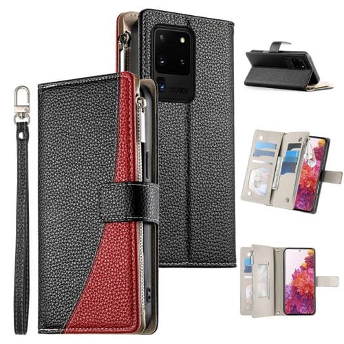 Funda de cuero tipo billetera con cremallera y múltiples tarjetas para Samsung Galaxy S20 Ultra con costuras y correa corta (negra)