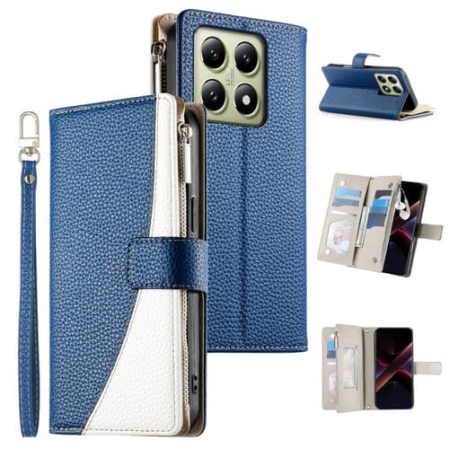 Funda de cuero con cremallera para Xiaomi 14T, con mĂșltiples tarjetas y costuras, con correa corta (azul oscuro)