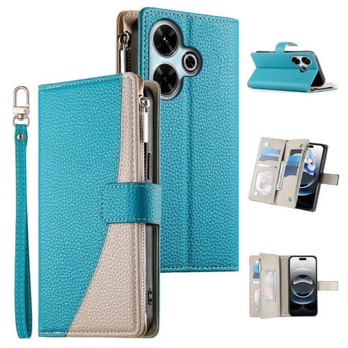 Funda de cuero con cremallera para Redmi 13 4G / 5G / Xiaomi Poco M6 4G, con costuras, mĂșltiples tarjetas y correa corta (azul)