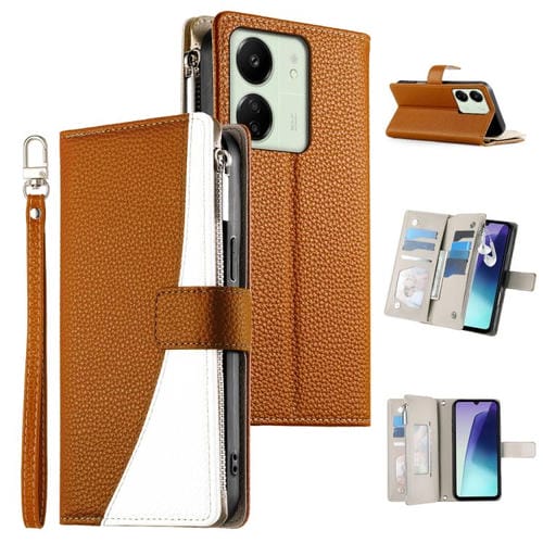 Funda de cuero con cremallera y mĂșltiples tarjetas para Redmi 13C 4G / 5G / 13R / Xiaomi Poco C65 (marrĂłn)