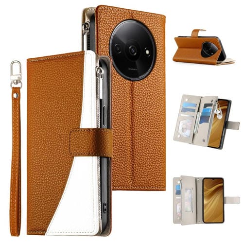 Funda de cuero con cremallera para Redmi A3 / Xiaomi Poco C61, con costuras, para mĂșltiples tarjetas y correa corta (marrĂłn)