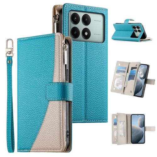 Funda de cuero con cremallera para Redmi K70E y Xiaomi Poco X6 Pro, con costuras, múltiples tarjetas y correa corta (azul)
