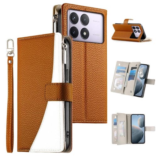 Funda de cuero con cremallera y múltiples tarjetas para Redmi K70 / K70 Pro / Poco F6 Pro, con costuras y correa corta (marrón)