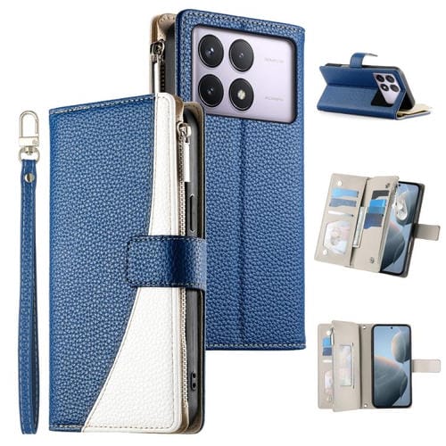 Funda de cuero con cremallera y múltiples tarjetas para Redmi K70 / K70 Pro / Poco F6 Pro, con costuras y correa corta (azul oscuro)