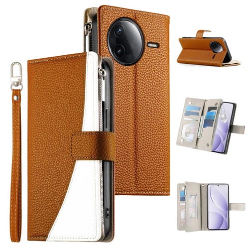 Funda de cuero con cremallera y mĂșltiples tarjetas para Redmi K80 / K80 Pro / Poco F7 Pro, con costuras y correa corta (marrĂłn)