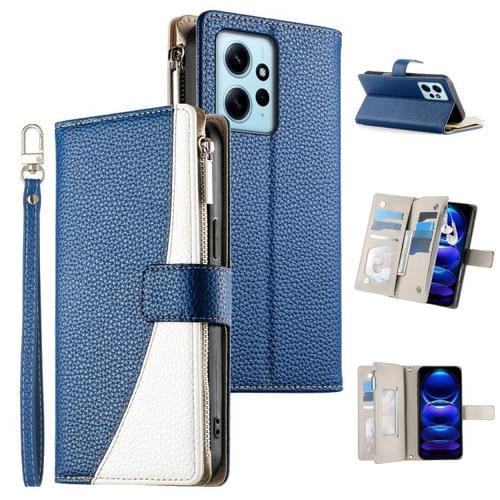 Funda de cuero con cremallera para Redmi Note 12 4G Global / Note 12R Pro, con costuras, para múltiples tarjetas y correa corta (azul oscuro)