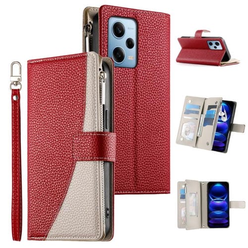 Funda de cuero con cremallera para Redmi Note 12 Pro 5G, con costuras globales, mĂșltiples tarjetas y correa corta (roja)