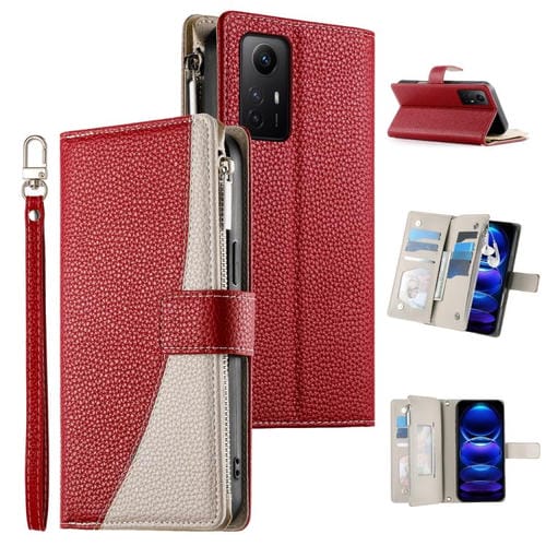 Funda de cuero con cremallera para Redmi Note 12S 4G / Note 11 4G, con costuras globales, múltiples tarjetas y correa corta (roja)