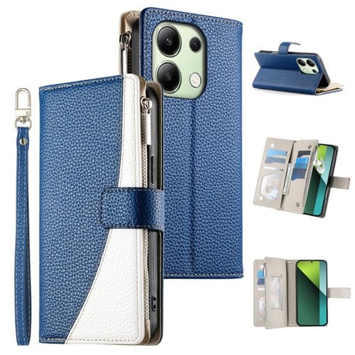 Funda de cuero con cremallera para Redmi Note 13 4G, con costuras globales, para mĂșltiples tarjetas y correa corta (azul oscuro)