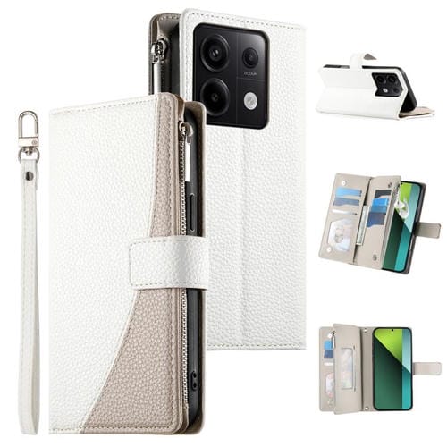 Funda de cuero con cremallera para Redmi Note 13 Pro y Xiaomi Poco X6, con costuras, para múltiples tarjetas y correa corta (blanca)