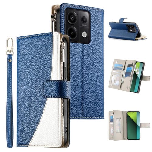 Funda de cuero con cremallera para Redmi Note 13 Pro / Xiaomi Poco X6, con costuras, para mĂșltiples tarjetas y correa corta (azul oscuro)