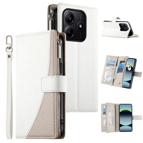 Funda de cuero con cremallera para Redmi Note 14 5G, con costuras globales, para múltiples tarjetas y correa corta (blanca)