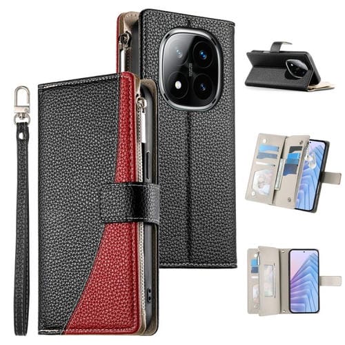 Funda de cuero con cremallera para Redmi Note 14 Pro 4G, con costuras, para múltiples tarjetas y correa corta (negra)