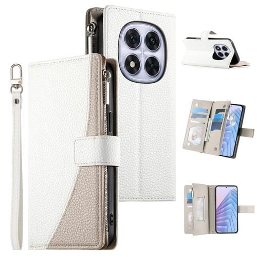 Funda de cuero con cremallera para Redmi Note 14 Pro 5G / Note 14 Pro+ 5G, con costuras, para múltiples tarjetas y correa corta (blanca)