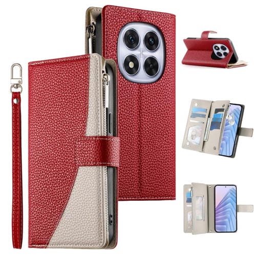 Funda de cuero con cremallera para Redmi Note 14 Pro 5G / Note 14 Pro+ 5G, con costuras, para múltiples tarjetas y correa corta (roja)