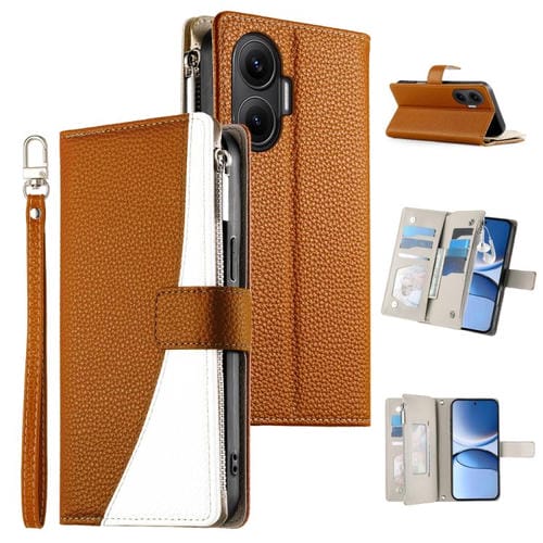 Funda de cuero con cremallera y múltiples tarjetas para Redmi Turbo 4 Pro y Xiaomi Poco F7 con costuras y correa corta (marrón)