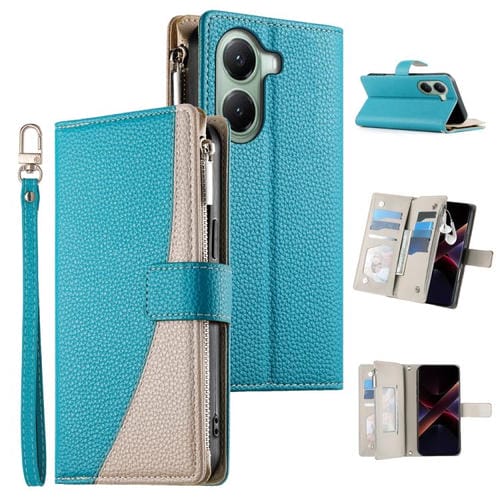 Funda de cuero con cremallera para Redmi Turbo 4 / Xiaomi Poco X7 Pro, con costuras, mĂșltiples tarjetas y correa corta (azul)