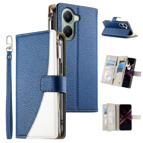 Funda de cuero con cremallera para Redmi Turbo 4 / Xiaomi Poco X7 Pro, con costuras, para múltiples tarjetas y correa corta (azul oscuro)
